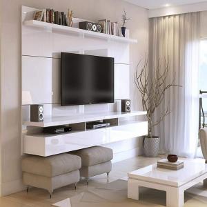AH Furniture 63 inch White Gloss Floating Entertainment Center with Storage Doors